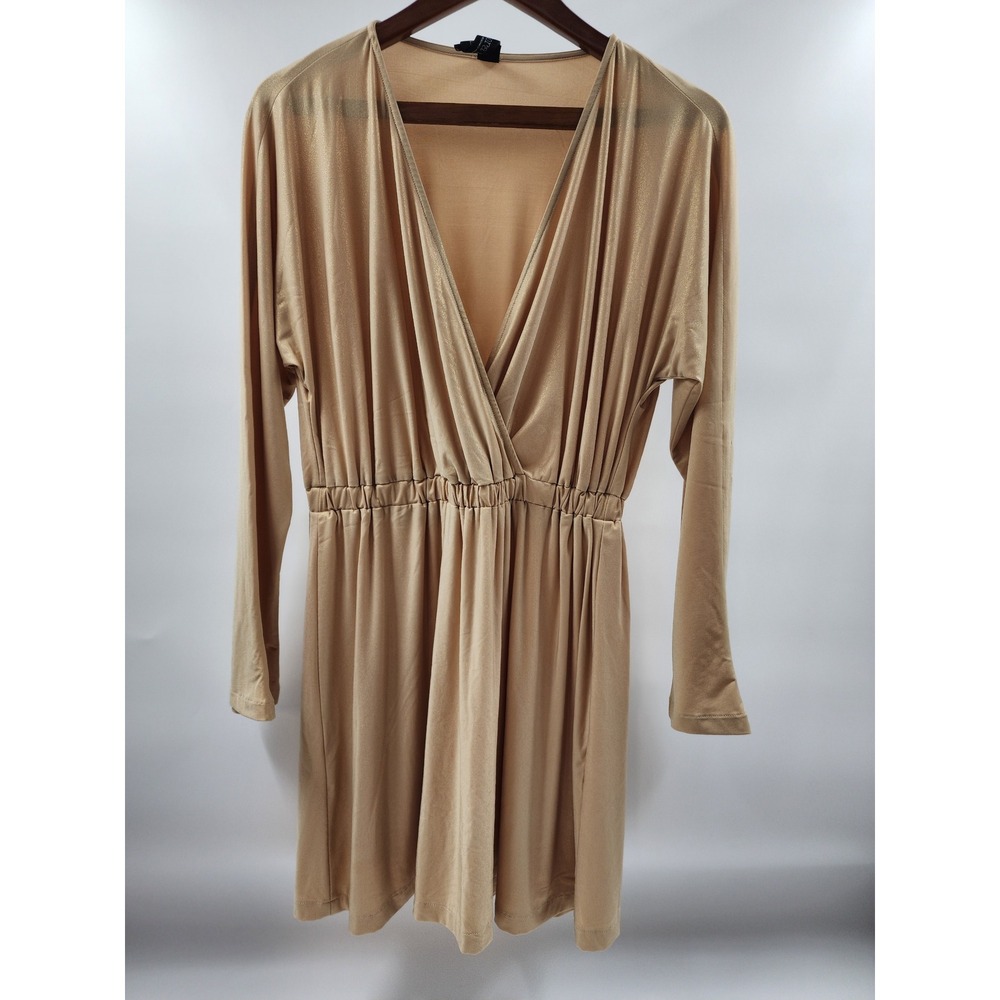 Nora Barth Gold Metallic Wrap Mini Dress Made in Italy Long Sleeve V-Neck Size44